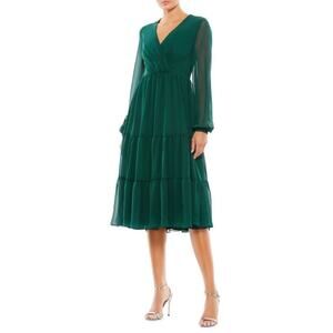 Ieena For Mac Duggal Emerald Green Illusion Long Sleeve Tiered Midi Dress Size 8